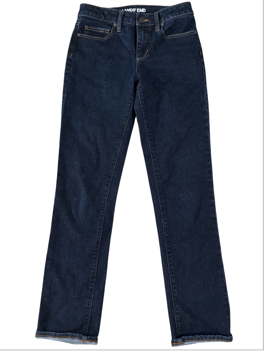 Lands’ End Dark Wash Mid Rise Straight Leg Jeans | Classic Stretch Denim | Y2K
